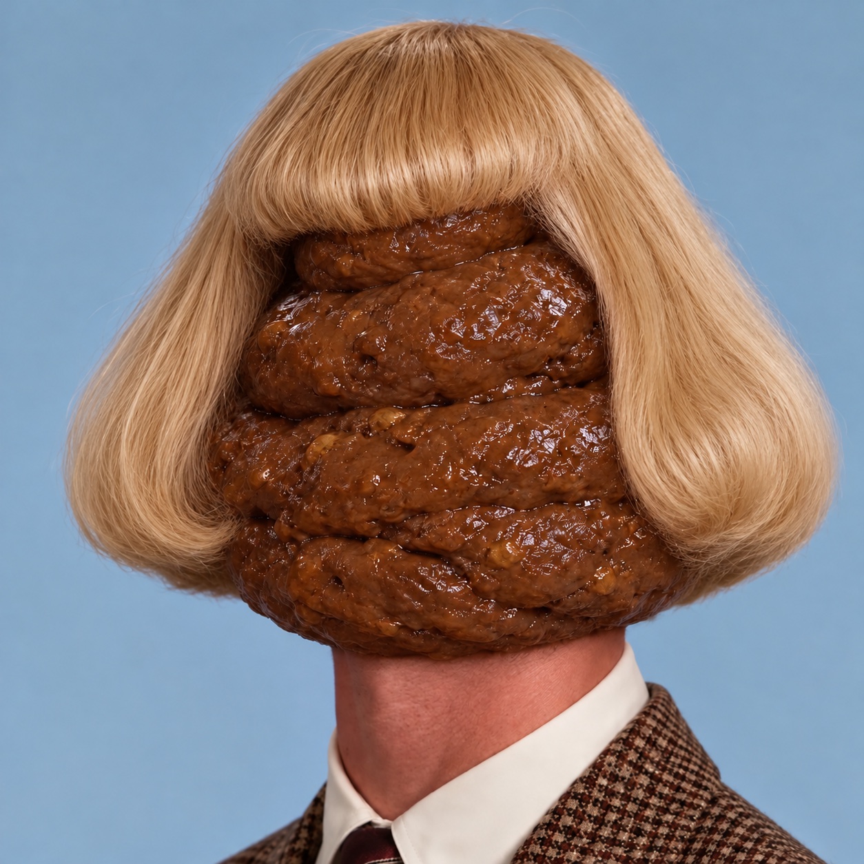 POOP PHIL in a blond bob haircut, suit and tie, against a blue backdrop